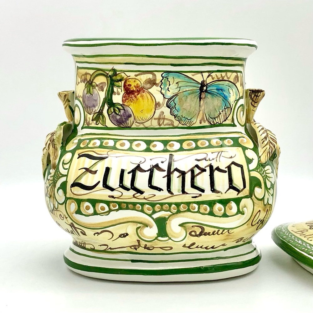 Italian Pottery Sugar Canister Zucchero With Lid Hand Painted Butterfly - Picture 5 of 13